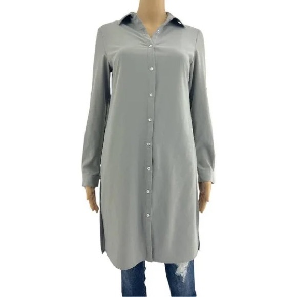 Grace Elements Grey Roll-Tab-Sleeve Button-Down Shirt Dress - Picture 5 of 7
